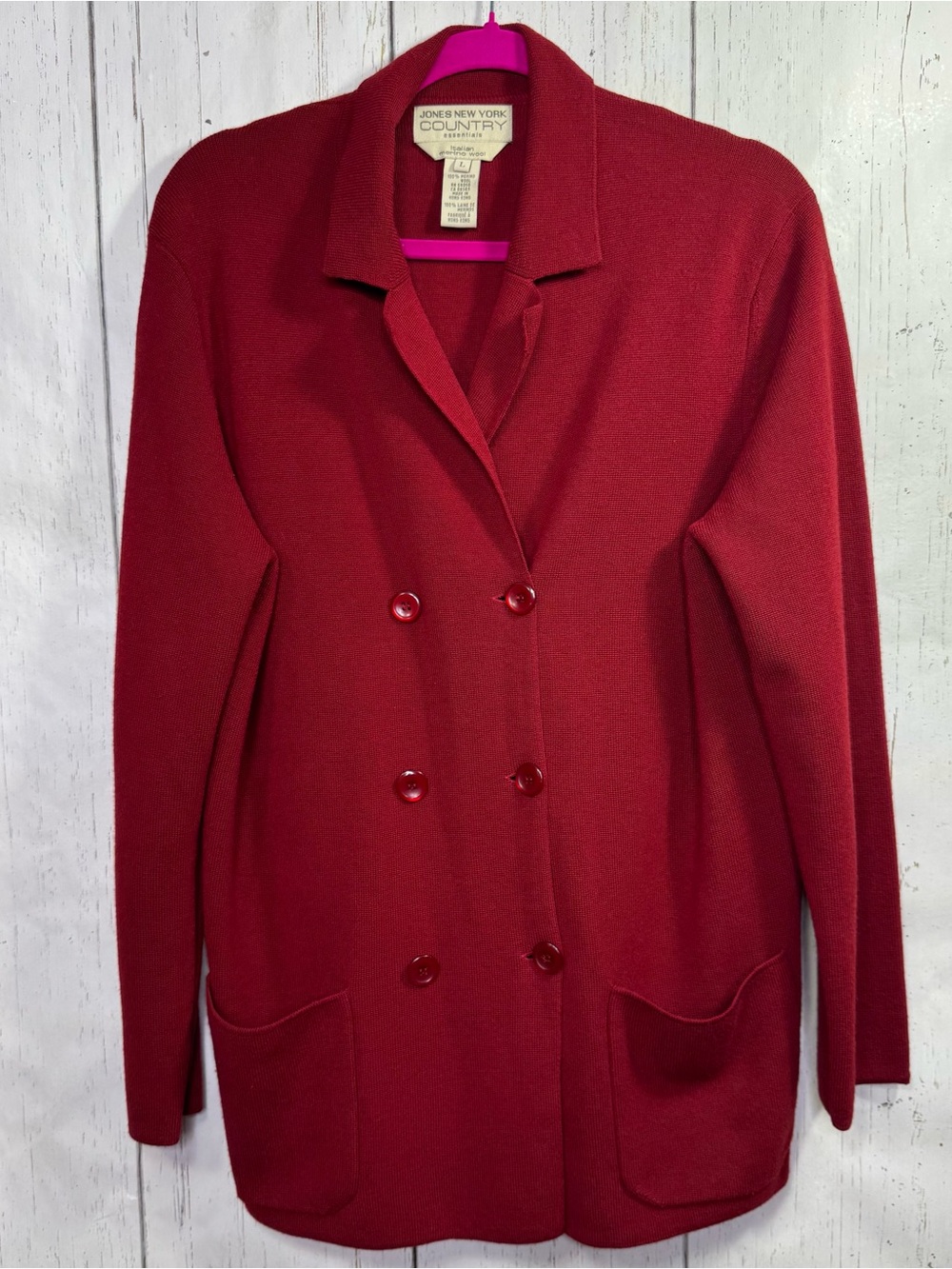 Vintage Jones New York Country Red L Italian Merino Wool Sweater Cardigan 90s